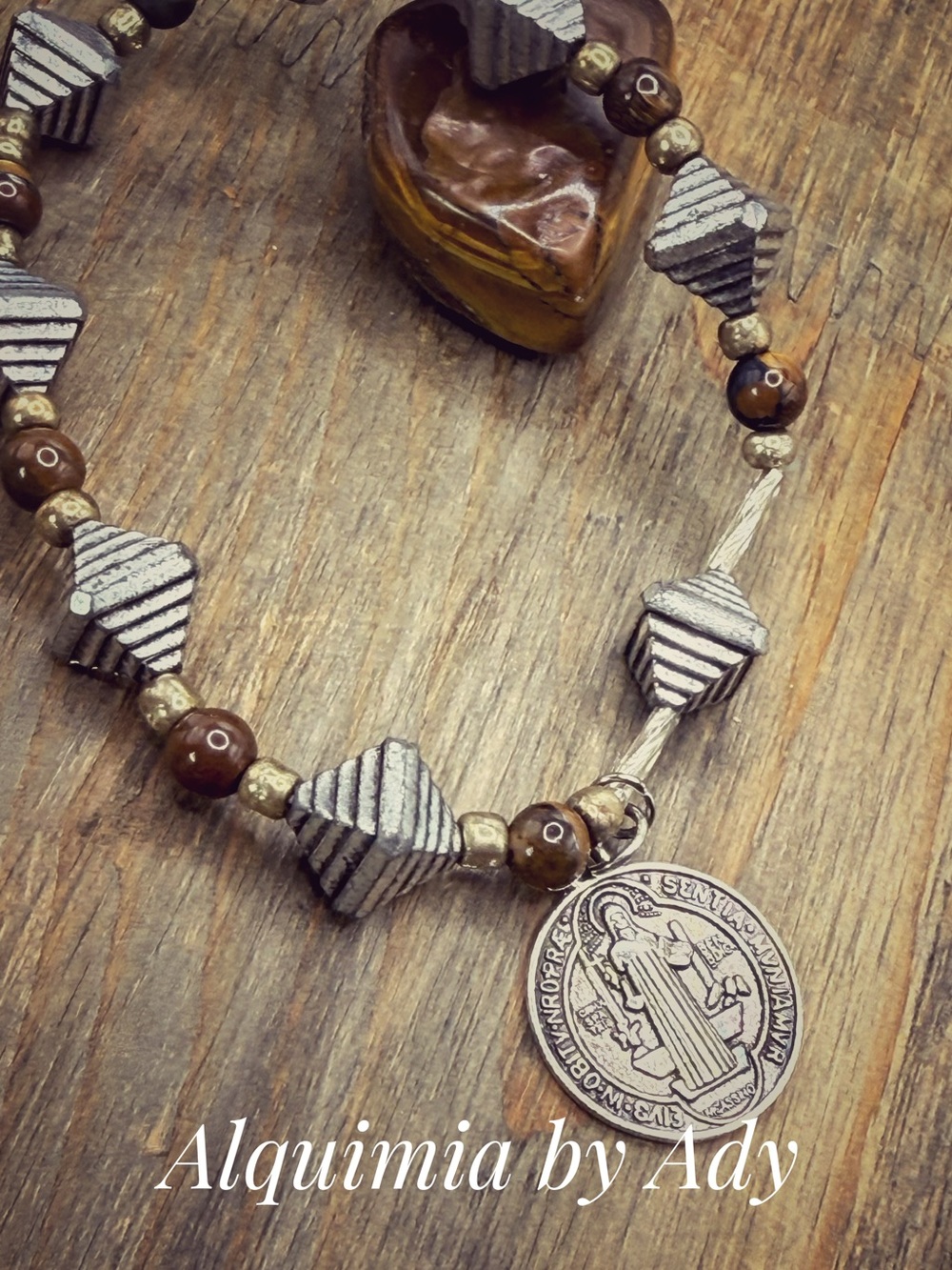 Brown tiger eye and Silver Beaded Saint Medal Necklace by Alquimia